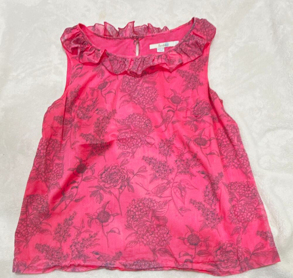 Boden Womens Pink Floral Sleeveless Ruffle Round Neck Button Blouse Size 8